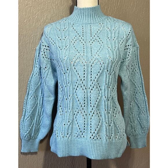 LOFT Women Wool Pointelle Mock Neck Soft Open Knit Sweater Pullover Small Blue - Picture 1 of 11